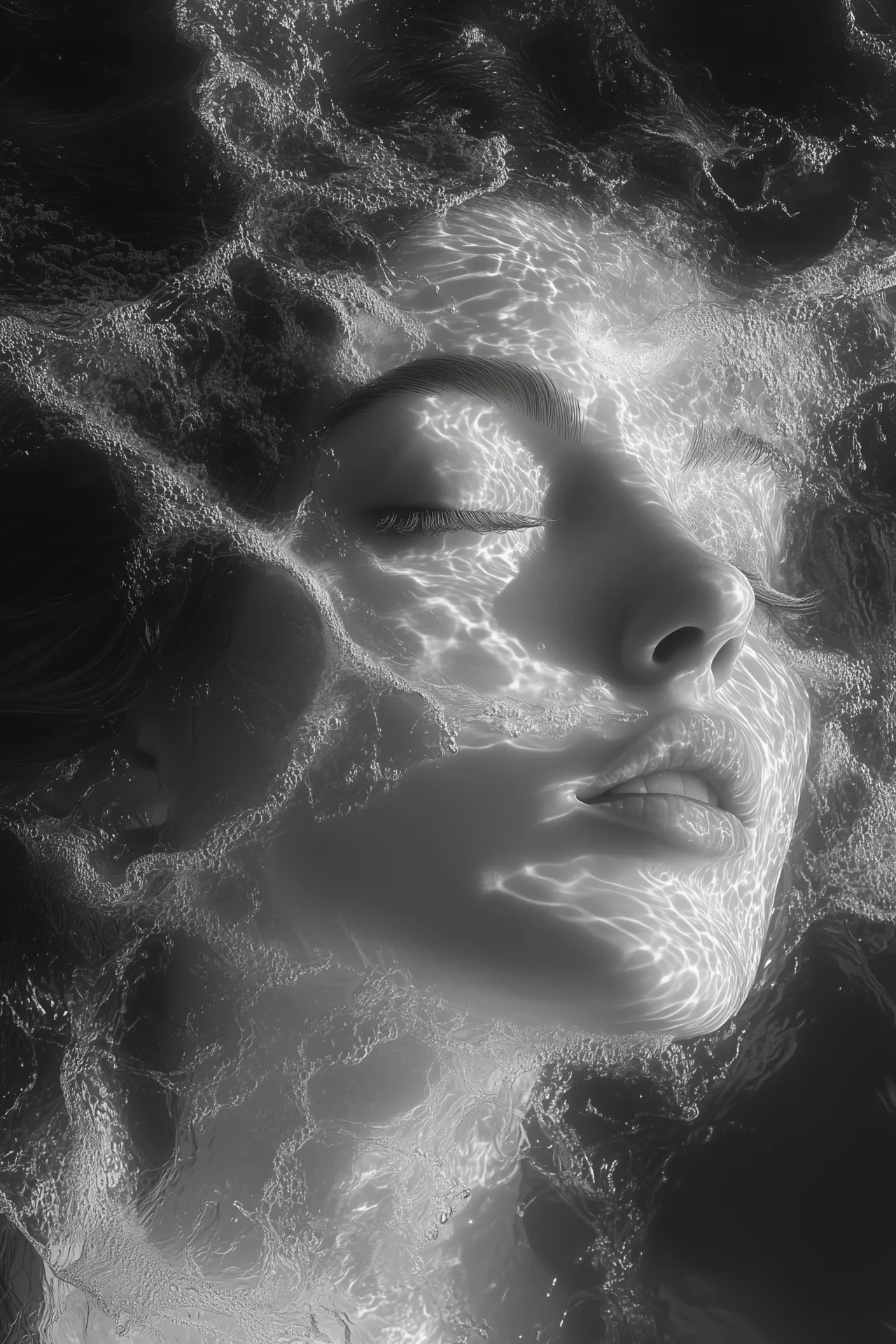 Surreal photograph of woman's face in water